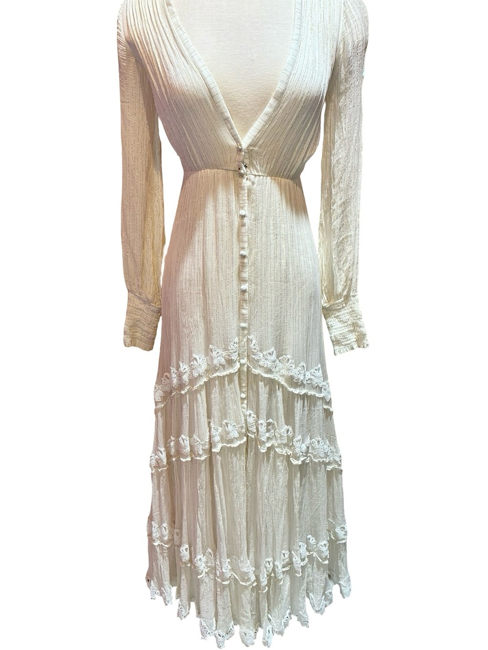 ROCOCO SAND ivory,gold threaded Lace-Trim Maxi Dress XS